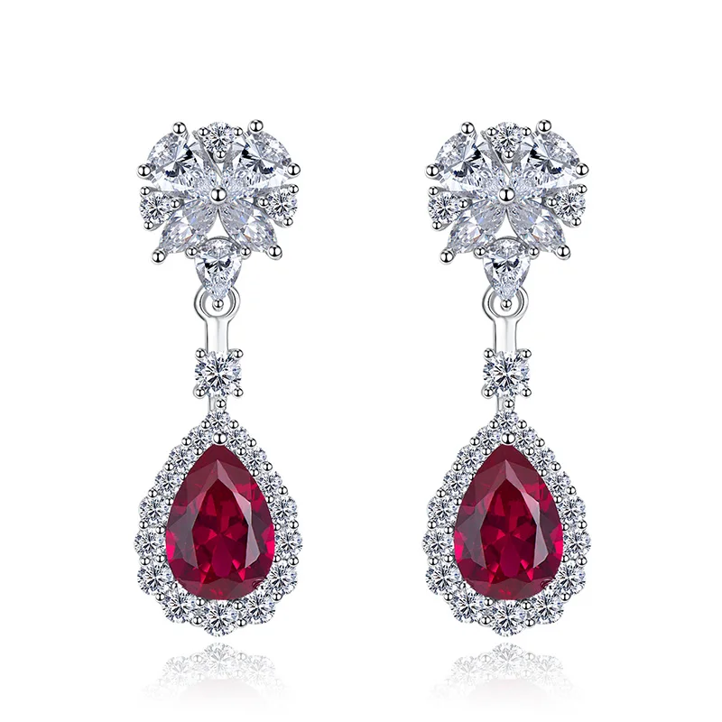 Huitan Bright Red CZ Dangle Earrings for Women Aesthetic Flower Design Bridal Wedding Earrings Anniversary Gift Trendy Jewelry