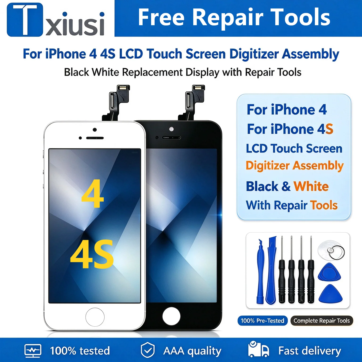 For iPhone 4 4S LCD Touch Screen Digitizer Assembly Black & White Replacement Screen Fully Tested With Complete Repair Tools