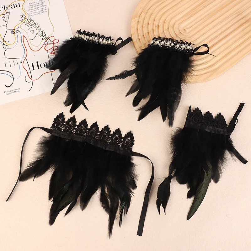 Muñequeras de plumas negras, puños de plumas góticos Punk Retro Vintage para mujer y hombre, fiesta de Halloween, disfraz gótico Rave, accesorio de Cosplay