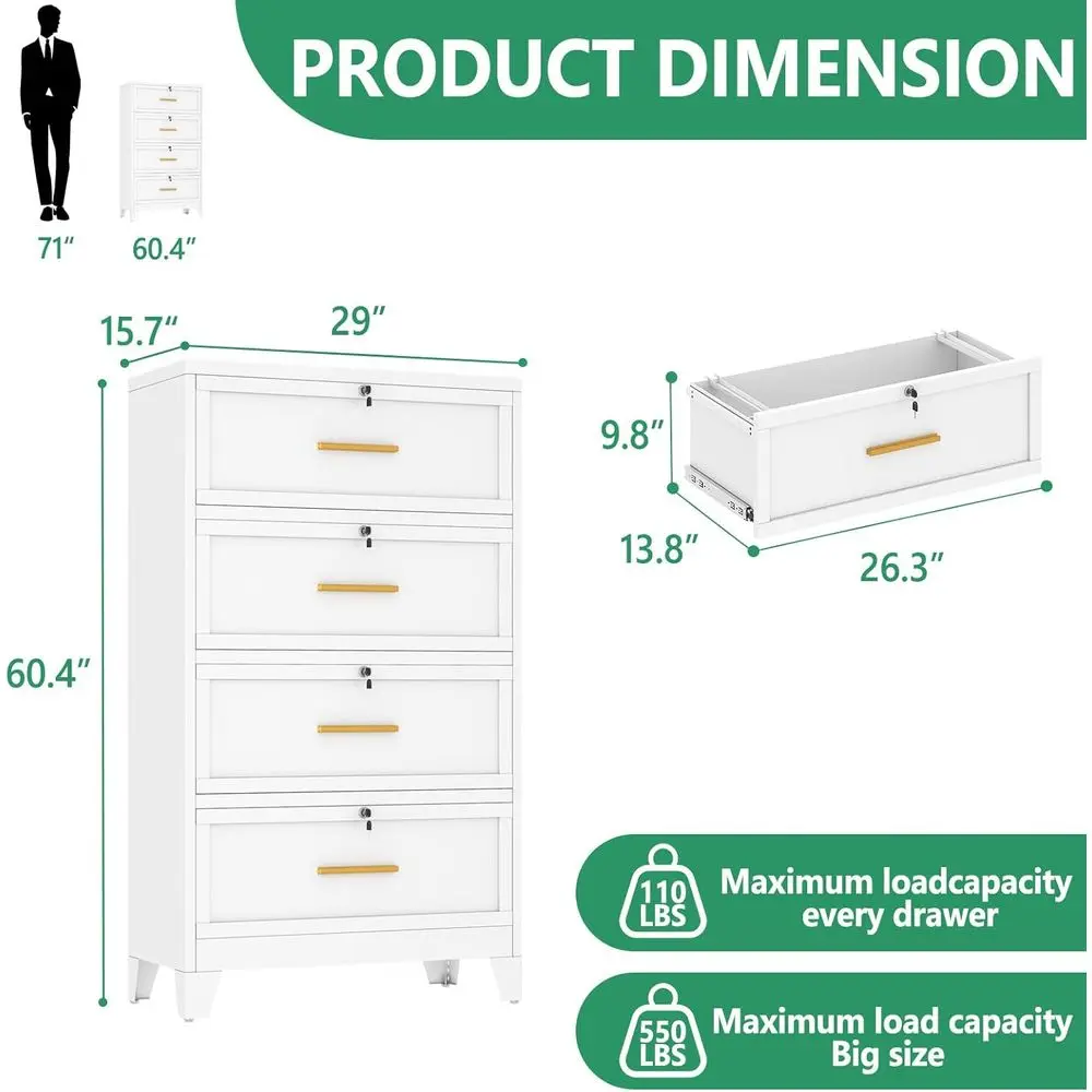 Secure Metal Lateral File Cabinet for Office, 4 Drawer Steel Storage with Lockable Doors, Suitable for A4/Legal Files