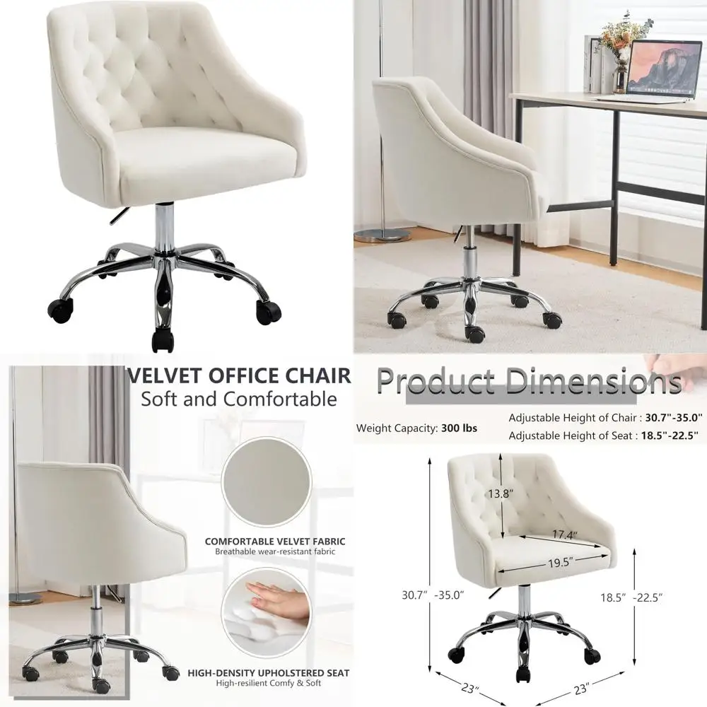 Silla de oficina giratoria aterciopelada: silla de escritorio de tocador ajustable en altura con detalles dorados elegantes para mujer, 360 °   Rotación, cómoda