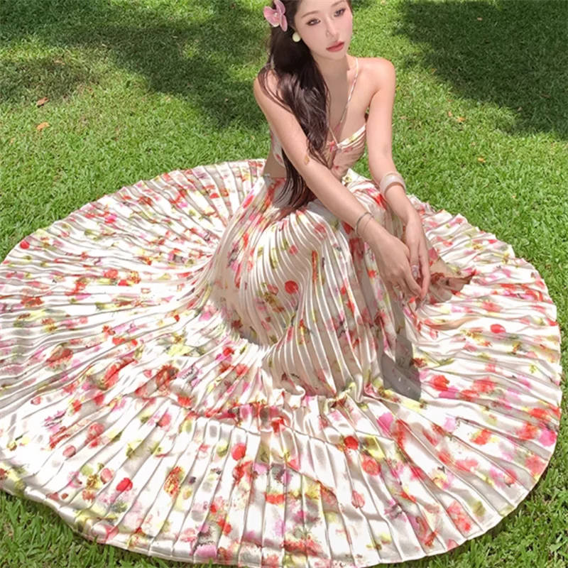 Summer Holiday Boho Floral Print Pleated Long Holiday Dress Sexy Backless Hollow Women Halter Off Shoulder Beach Fairy Dress