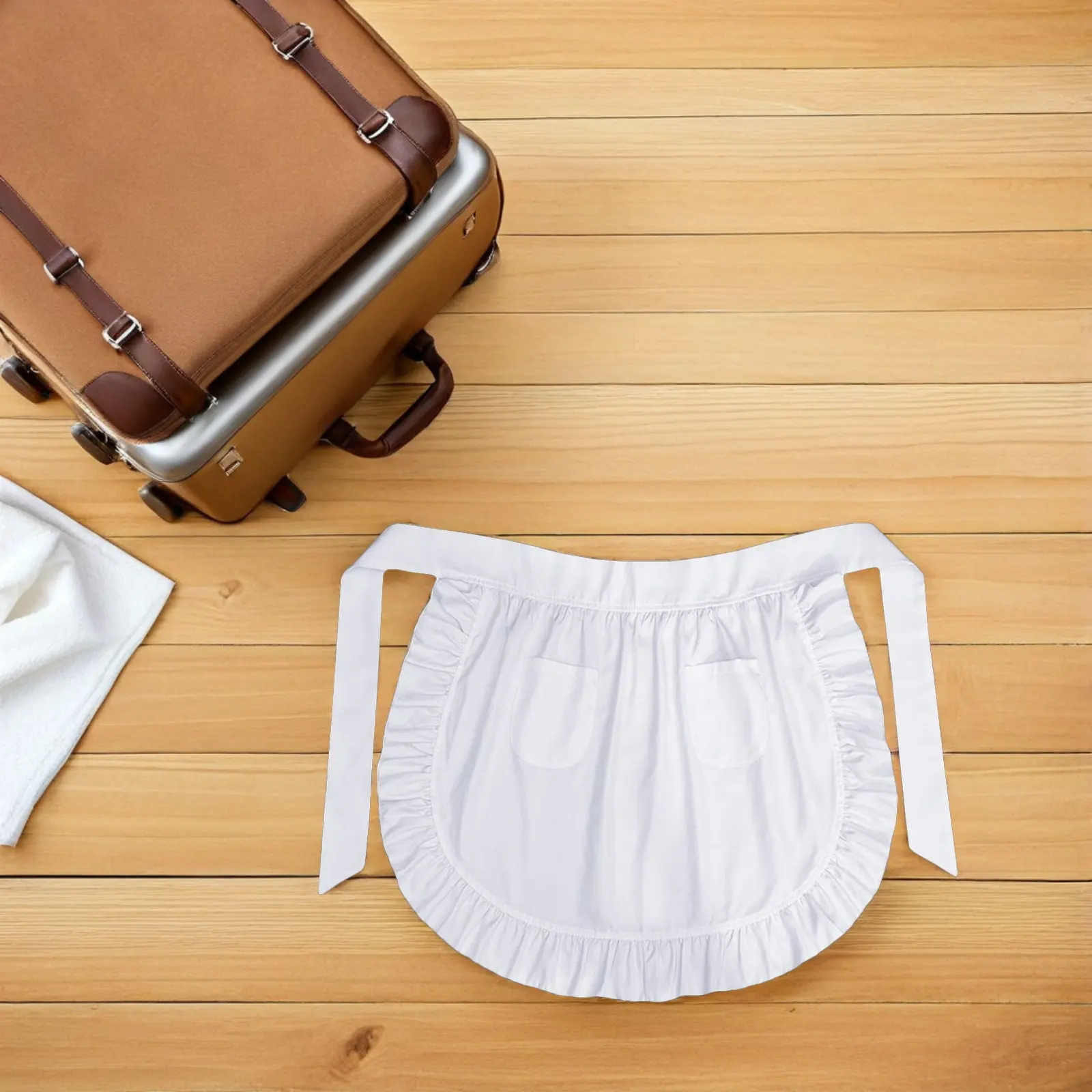 Charming Ruffled White Waist Apron for Women Half Apron with Spacious Pockets Elegant European Design for Cooking Baking Serving
