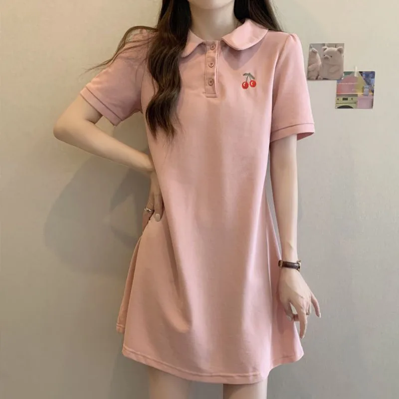 تنورة تي شيرت فضفاضة كبيرة لملابس الصيف للأطفال، سمين قليلاً وتنحيف، فستان بولو حلو وطازج ملابس Kawaii