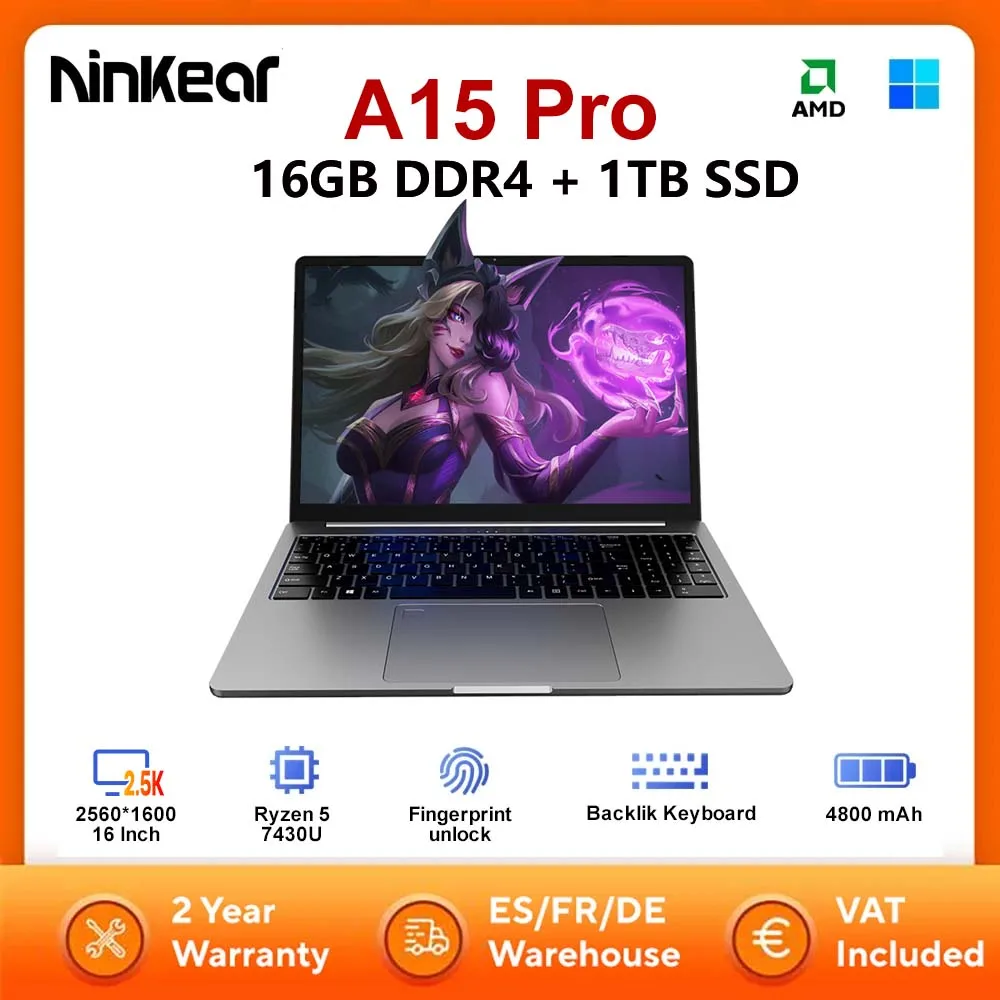 Ninkear A15 Pro Laptop AMD Ryzen 5 7430U 16 Zoll 120 Hz 2560 x 1600 Display 16 GB 1 TB Fingerabdruck-Entriegelungs-Notebook-Computer