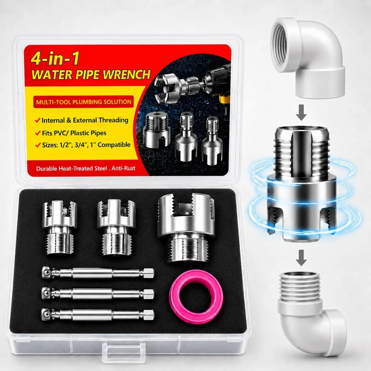 Internal & External Pipe Threading Tool Set, 3Pcs PVC Pipe Threader Kit for 1/2", 3/4" and 1" PVC Plastic Pipes, Heavy-Duty Alloy Steel, Electric Drill Compatible for Plumbing and DIY