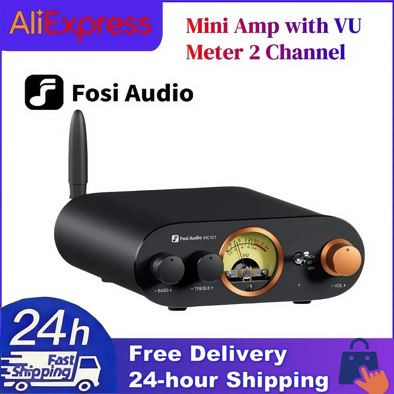 Fosi Audio MC101 Mini Amp Stereo مضخم الصوت المنزلي بلوتوث 5.3 مع VU متر 2 قناة HiFi استقبال للسلبي