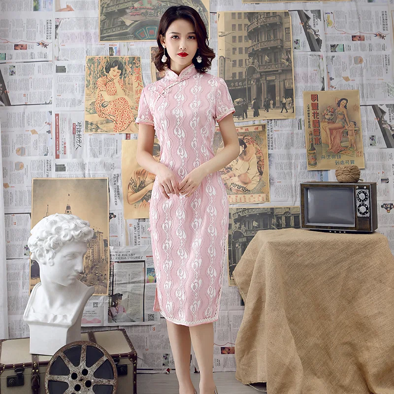 Ethnic Style Spring and Summer New Improved Cheongsam Lace Long Dress Slim Retro Graceful Fashionable Women's Clothing