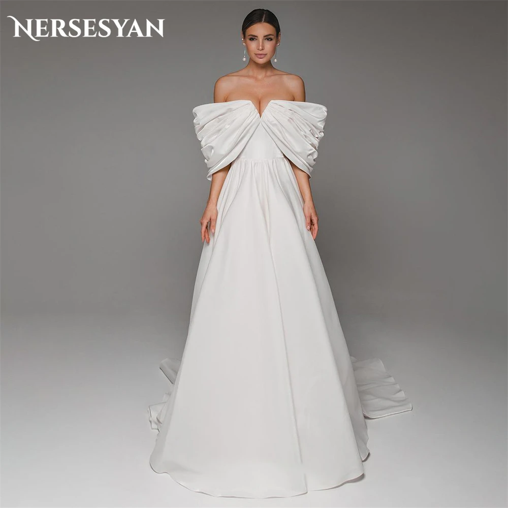 

Nersesyan Elegant Satin Wedding Dresses A-Line Side Slit Off Shoulder Pleats Bridal Gowns With Straps Backless 2024 Bride Dress