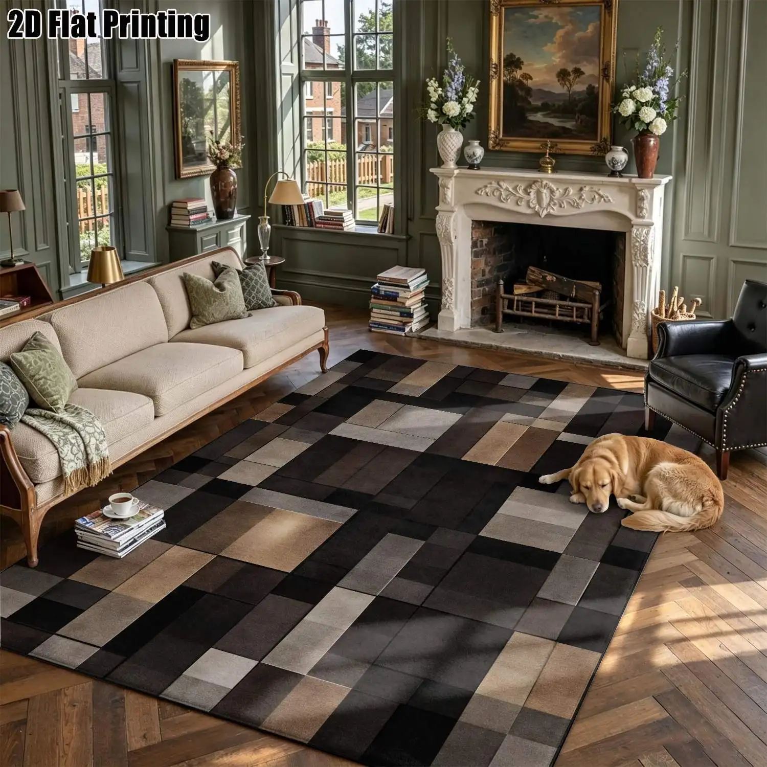 1Pc 2D Printed Deep Brown Geometric Carpet Modern Minimalist, Nordic/Instagram-Style, Machine-Washable, Multi-Size Home Decor Rug for Living Room, Bedroom, Dining Room, Entrance, Study.