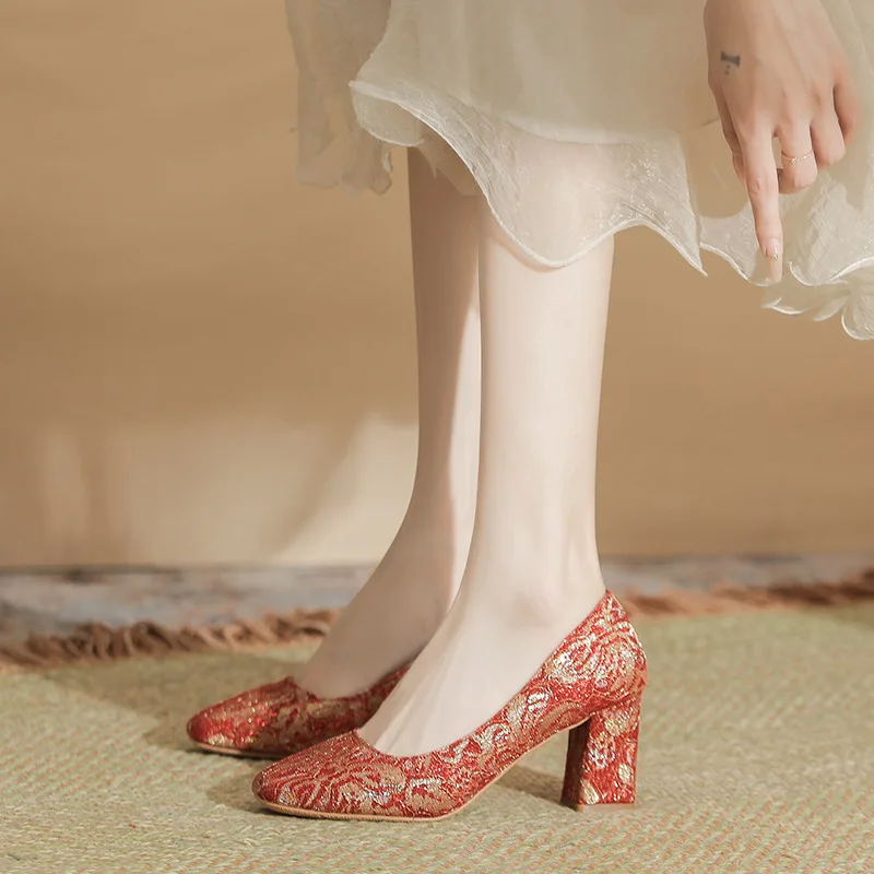 

Size 30-43 Red Lace High Heels Block Heel Party Shoes for Women Wedding Prom Bridal Footwear Fashion Evening Dress Shoes