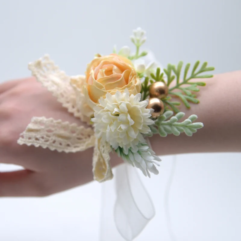 New Artifical Rose Flowers Lace Wedding Accessories Wrist Corsage Bridesmaid novia