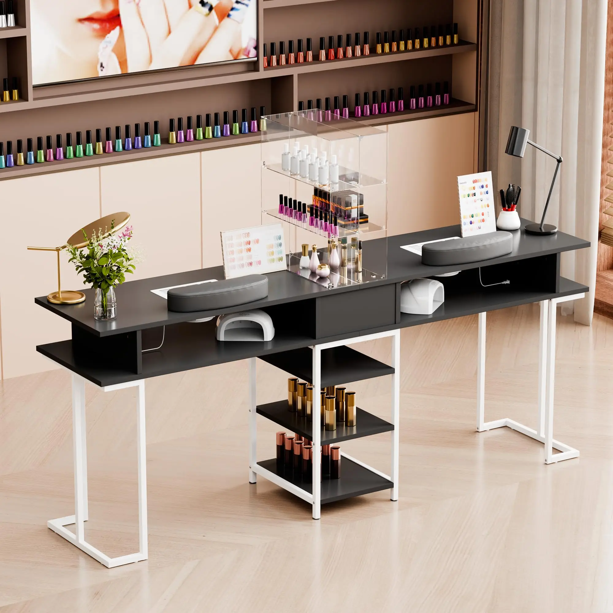 Double Manicure Table,Large Nail Desk for Nail Tech with Acrylic Cabinet and Large Drawers, Beauty Salon Nail