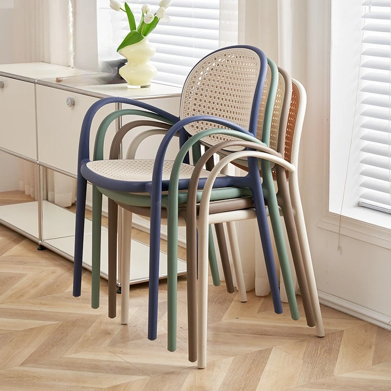 Rattan plastic chair for outdoor and home use, stackable dining chair with backrest and lightweight