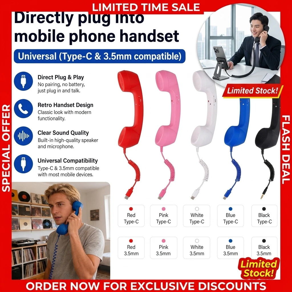 Retro Phone Handset Type-C & 3.5mm Telephone Head Set Portable Vintage Phone Headset for Cell Mobile Video Conferences Practical