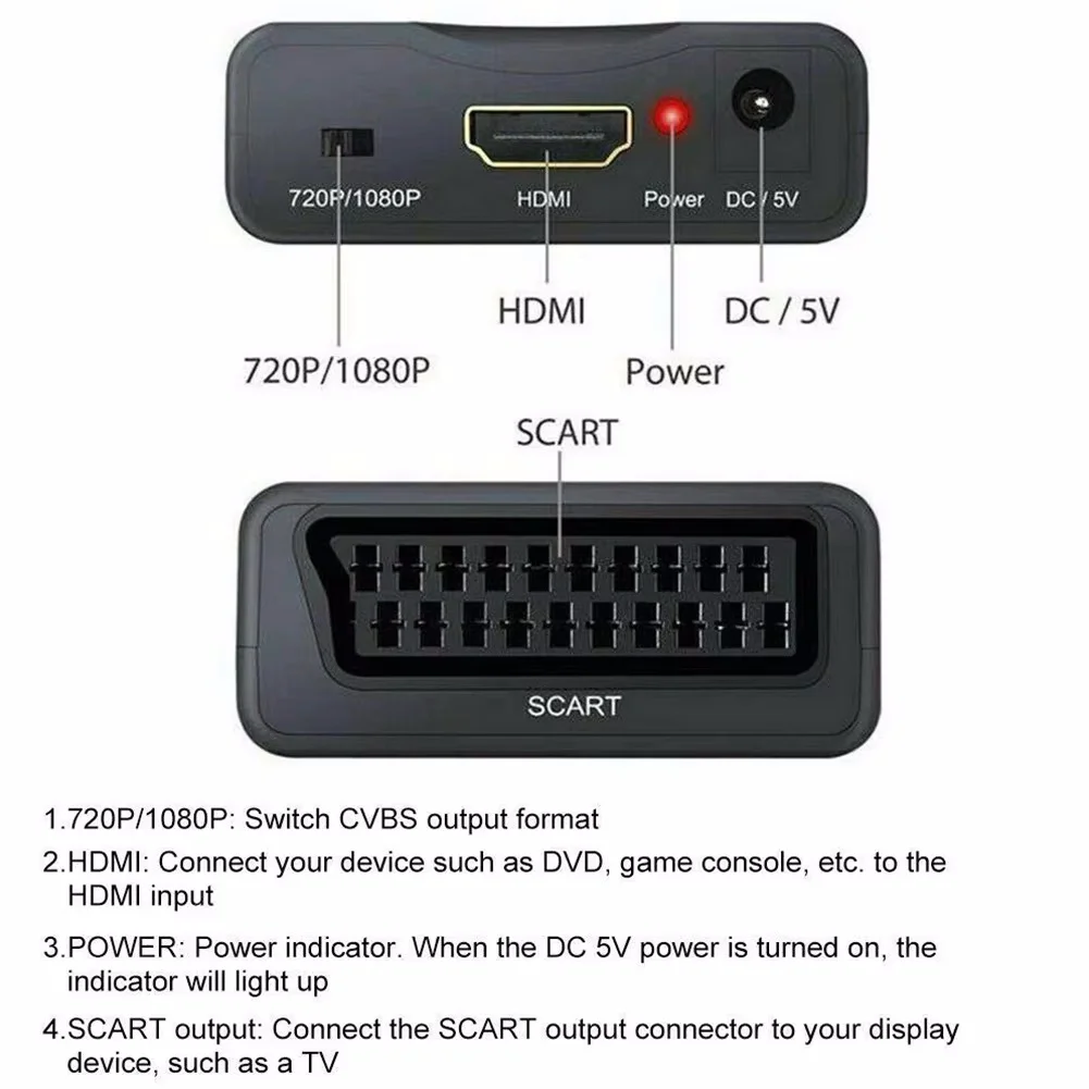 SCART to HDMI-compatible Video Audio Converter With Power Adapter For HDTV Sky Box DVD Television Signal 1080P Upscale Converter