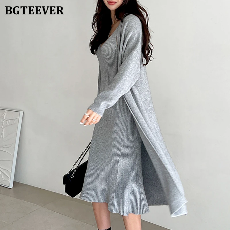 BGTEEVER Elegant Ladies Knitted Dress Set Long Knitted Cardigans Women V-neck Bodycon Sweater Dress Autumn Winter