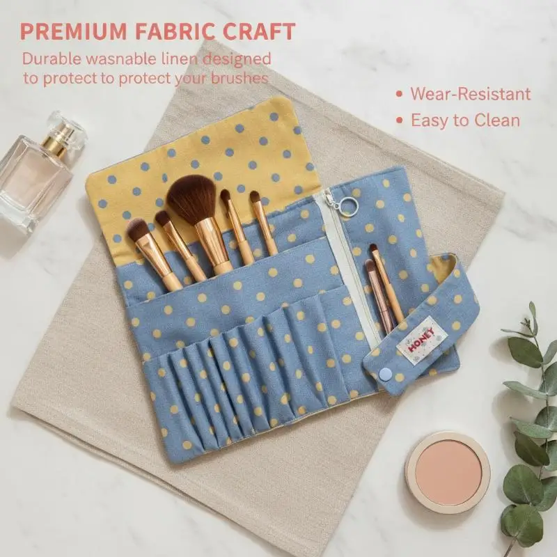 Vintage Polka Dot Roll Up Pencil Case Dual Use Makeup Brush Holder Portable Foldable Storage Organizer for School Travel Makeup view 5
