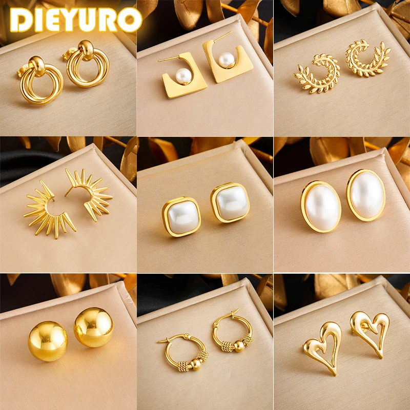 DIEYURO 316L Stainless Steel Love Pearl Round Square Fan Shaped Irregular Design Earrings Women New Trend Ear Jewelry Gift Party