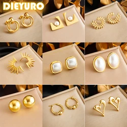 DIEYURO 316L Stainless Steel Love Pearl Round Square Fan Shaped Irregular Design Earrings Women New Trend Ear Jewelry Gift Party