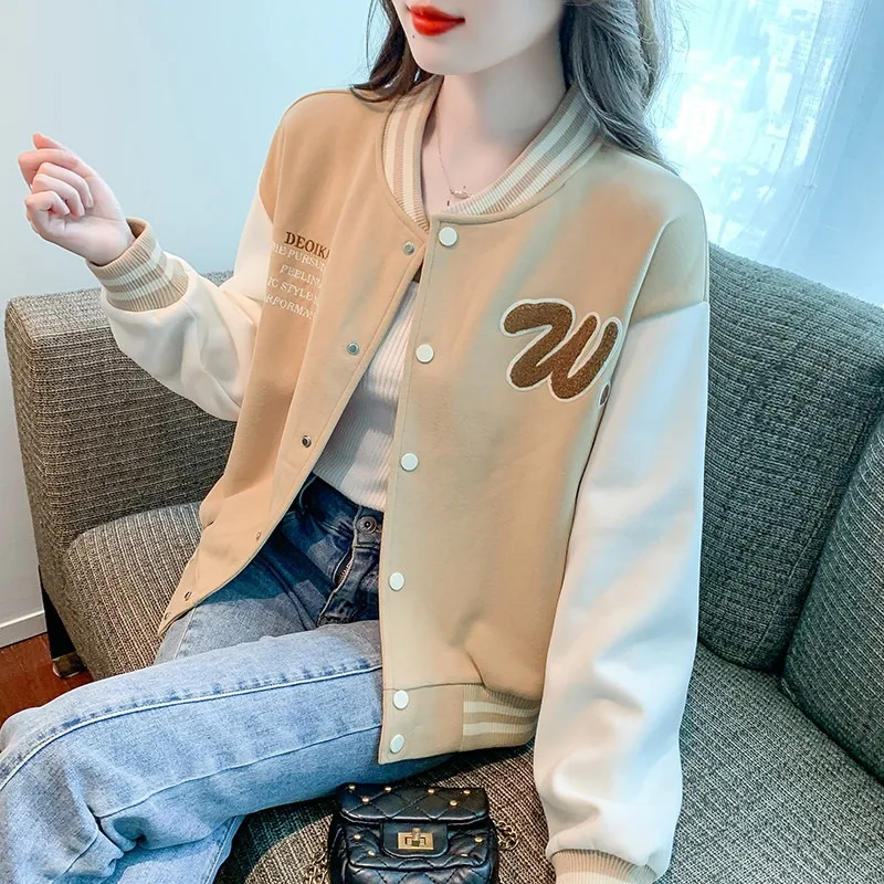 Women Color Block Fleece Baseball Jacket Letter Embroidery Loose Casual Short Outerwear
