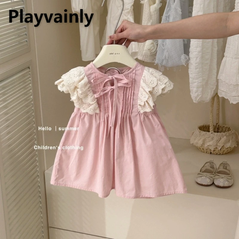 

New Summer Children Clothes Hollow Out Lace Flare Sleeve Patchwork Pink Pleat Sweet Princess Dress Fashion Girls Dresses A5152