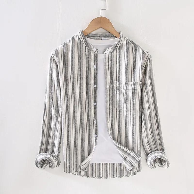 Japan Style Mens Linen Cotton Striped Shirt Harajuku Chest Pocket Long Sleeve Slim Fit Male Casual Breathable Classical Tops