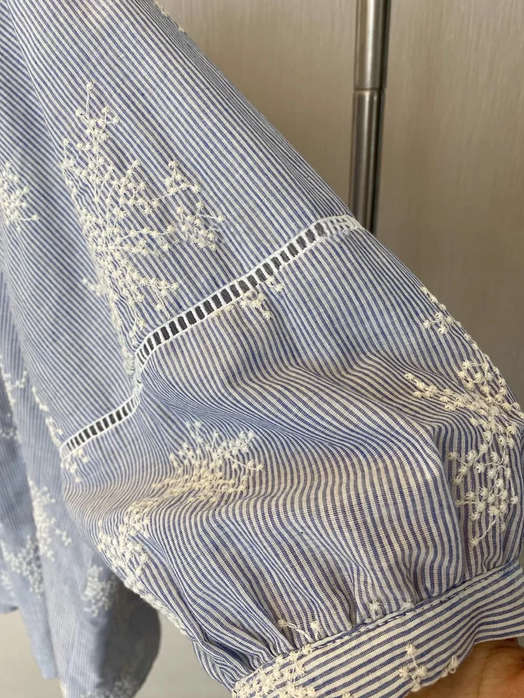 Holiday Style Cotton Retro Embroidery Shirt 2025 Spring And Autumn Tassel Lace Loose Long Sleeve Striped Shirt Blouse Beach Tops