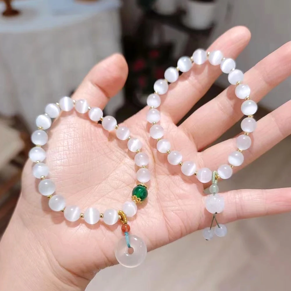 Natural Crystal Bracelet for Women White Opal Stone Fashion Lucky Chalcedony Lotus Pendant Women's Jewelry Cat's eye Bangle Gift