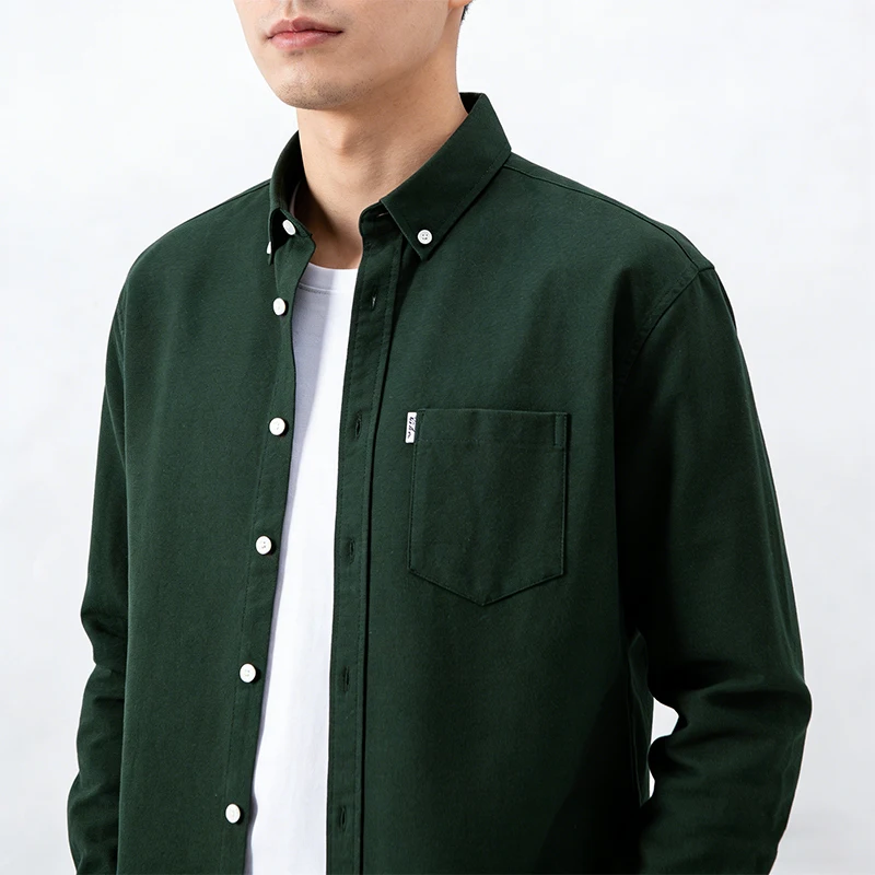 Men's Pure Cotton Oxford Solid Color Long Sleeved Casual Shirts Business Social Formal Single Pocket Design Classic Male Clothes