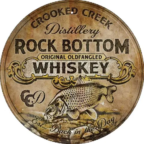 Rock Bottom Whiskey Round Bourbon Distillery Bar Pub Wall Décor Metal Tin Sign