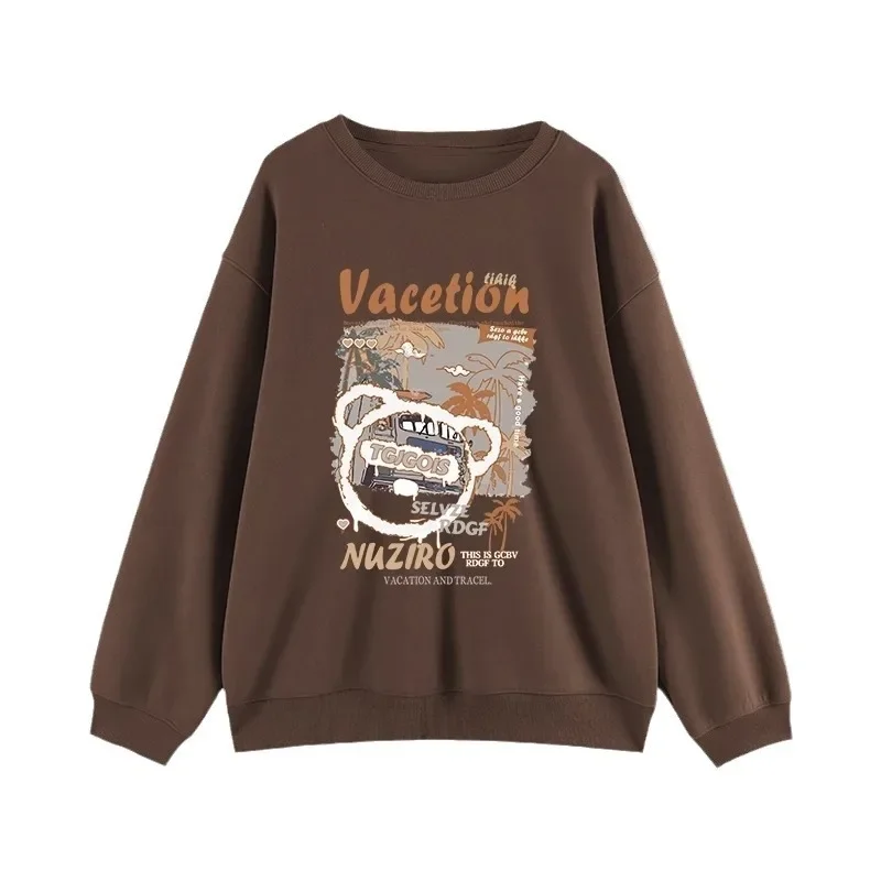 Cartoon Bear Letter Printing Crewneck Brown Sweatshirt Fleece-lined Autumn and Winter Casual Pullover Top for Men and Women