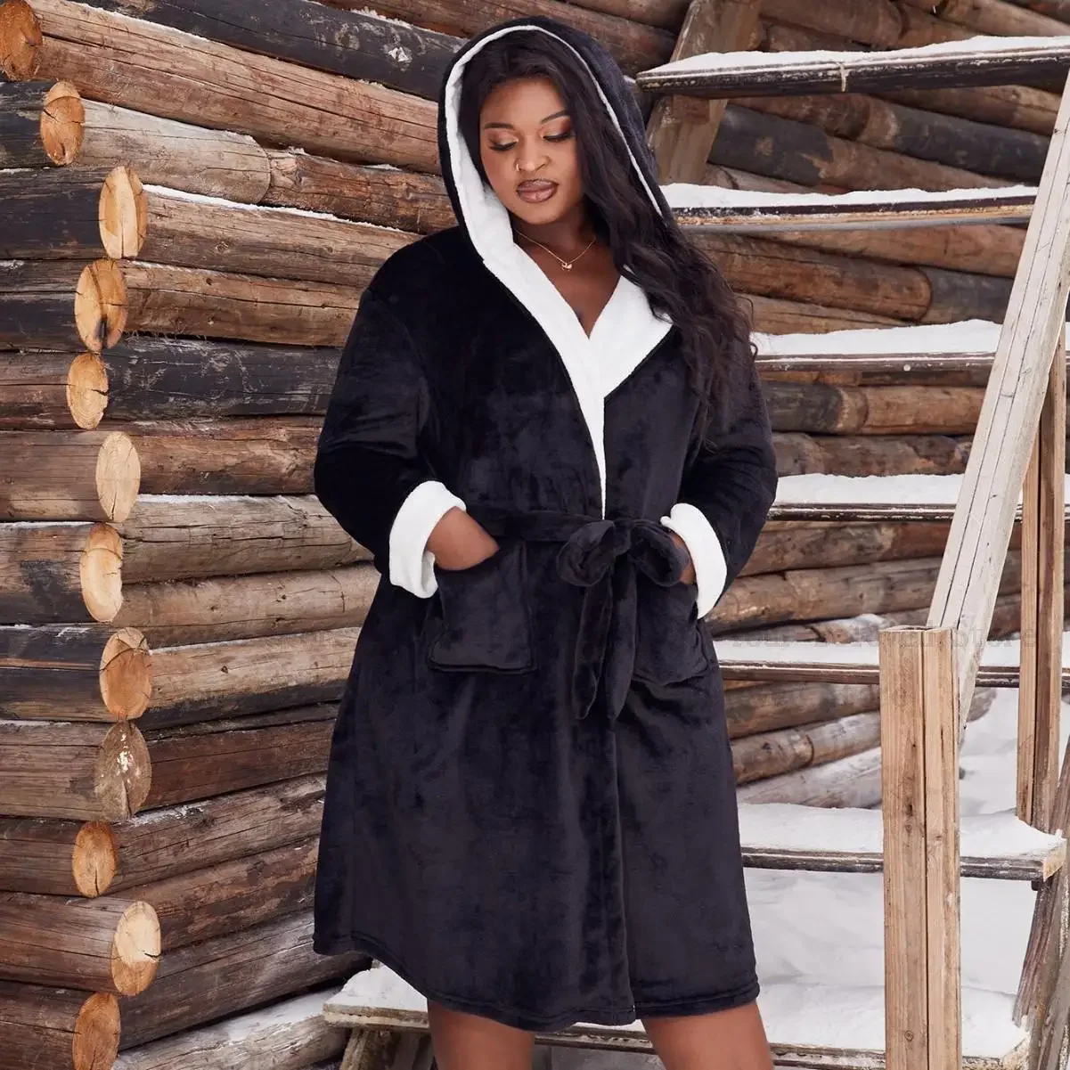

Black Short Nightwear Women Warm Kimono Bathrobe Gown Thick Flannel Robe Big Size 3Xl4Xl5Xl Hooded Nightgown Winter Sleepwear