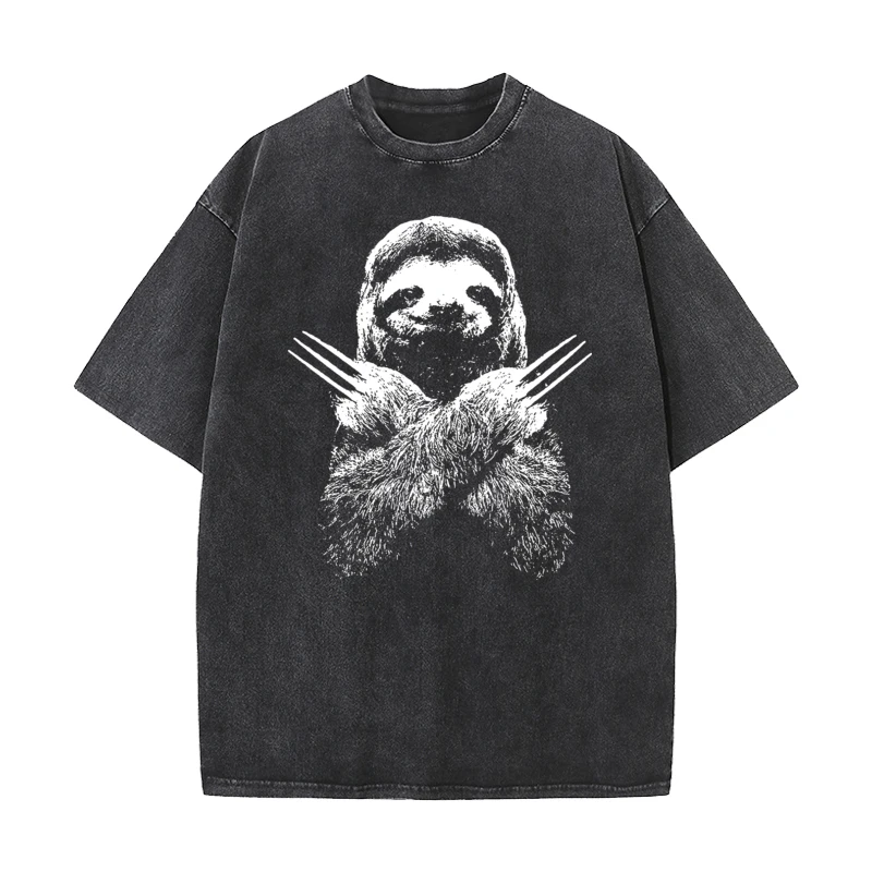 100% Cotton Mens Slotherine Fighting Sloth Washed Retro T Shirts Gift Idea Tees Newest Round Collar Washed Tops T Shirt