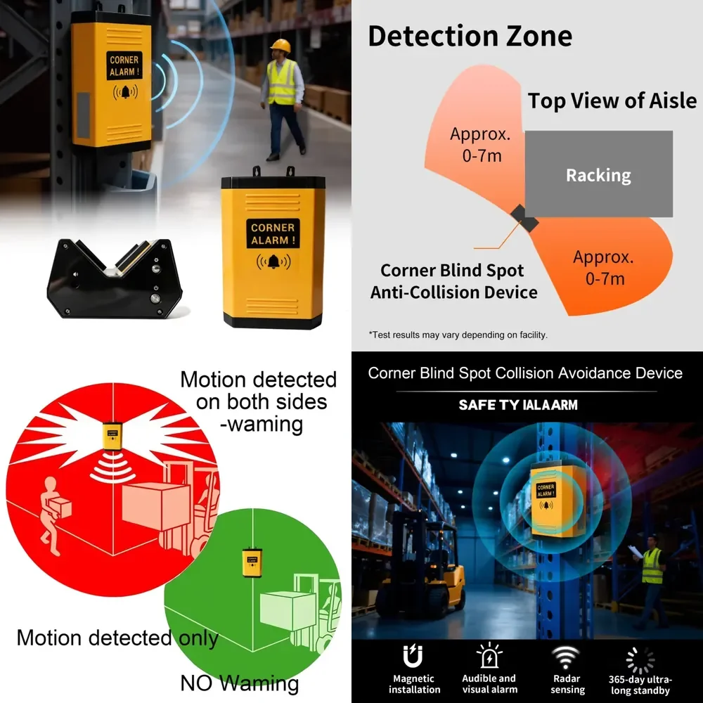 WTSAFE Industrial Two Way Dual Sensor Radar Corner Alarm Warehouse Forklift Safety Anti-Collision Warning Device 7m Control