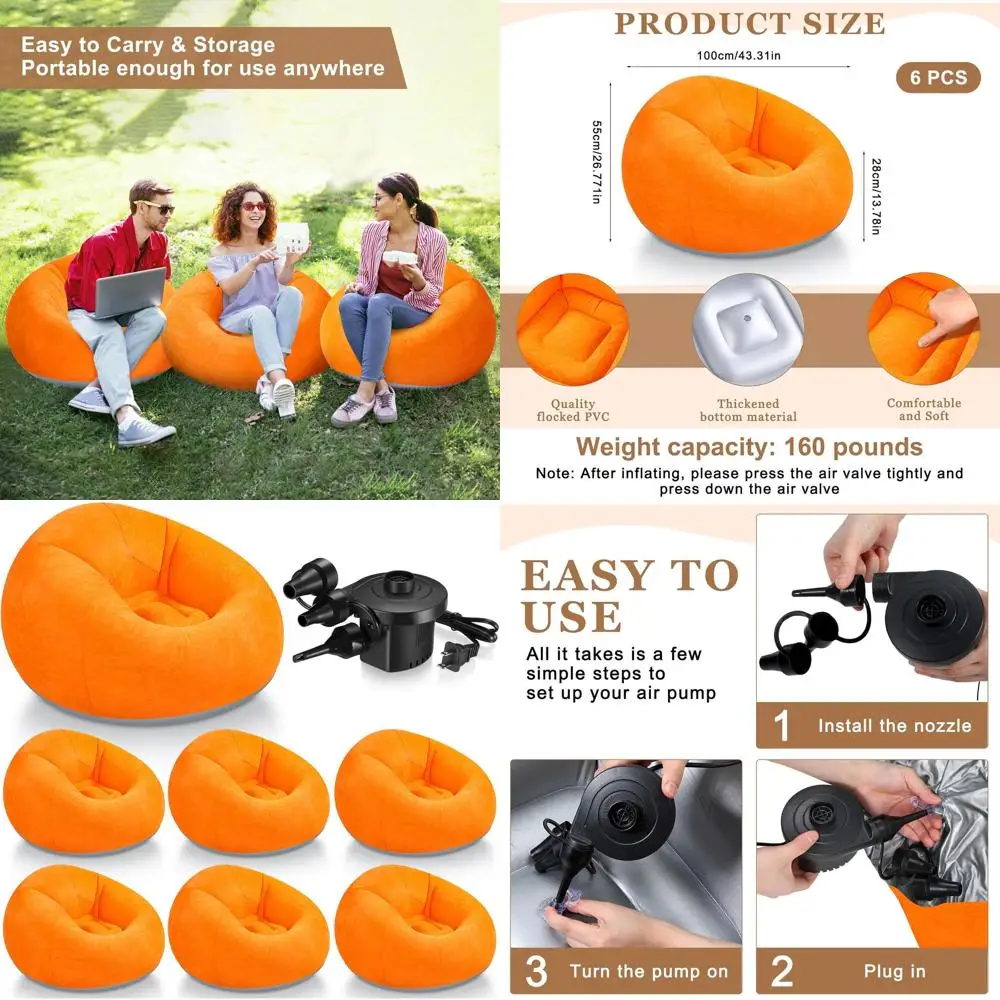 

Portable Inflatable Bean Bag Chairs for Adults - Electric Pump Included, Ideal for Outdoor Movie Nights and Camping (Orange)
