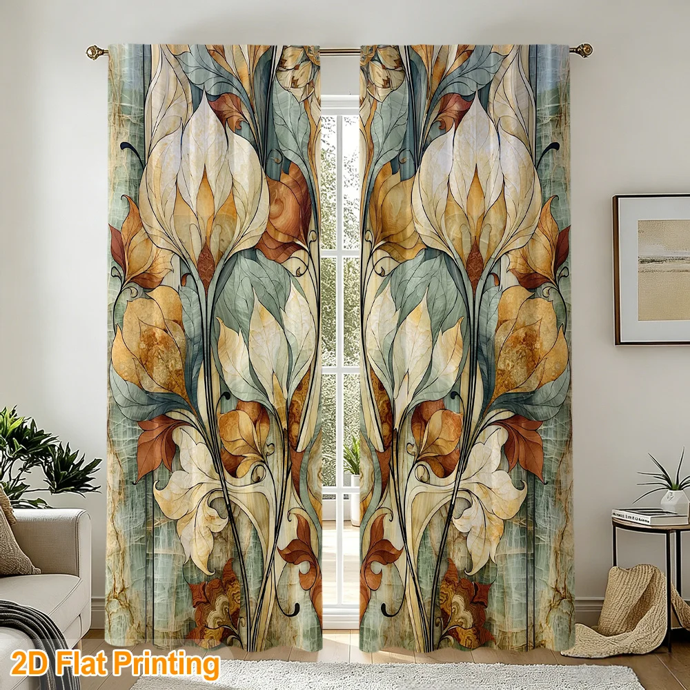 2PCS Vintage Curtains, Art Nouveau Floral, Digital Print, Bedroom Living Room, Office, Kitchen, Polyester, Dining Room