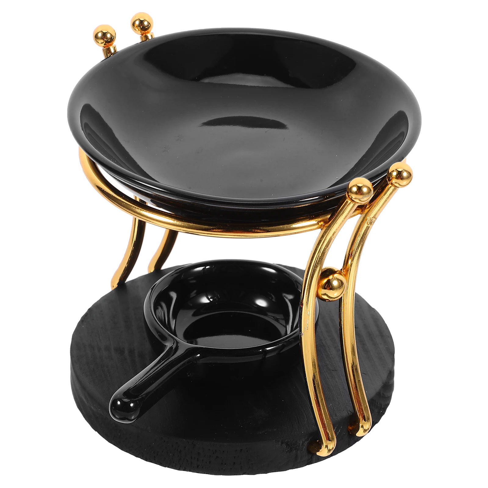 

Ceramic Oil Diffuser Aromatherapy Lamp Tealight Wax Warmer Home Decor Incense Burner Wooden Base Iron Black Burned