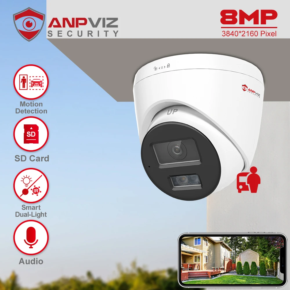 Anpviz 8MP Smart Dual-Light POE IP Camera Outdoor 24/7 ColorVU  CCTV Video Surveillance IP67 SD Card H.265 Motion Detection 2.0