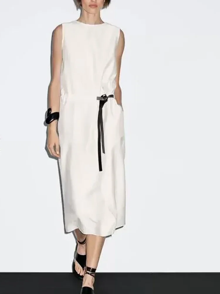 

European and American style 2025 summer new women's clothing fashionable belt design white sleeveless dress