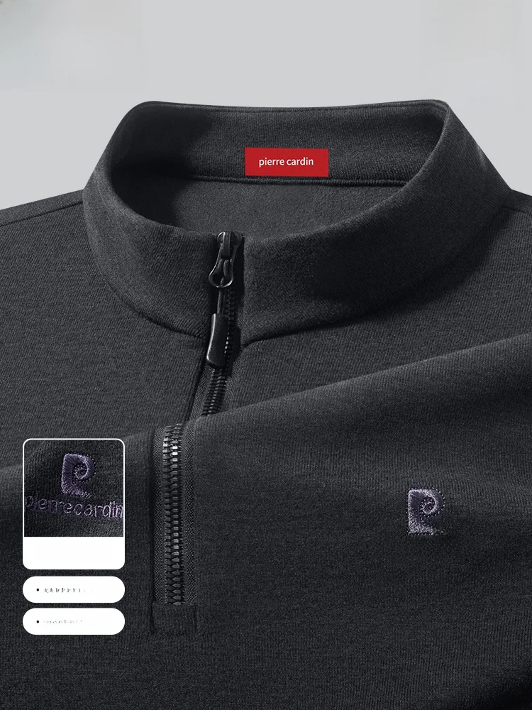 Camiseta Pierre Cardin de manga larga y corte holgado para hombre, con cremallera en el cuello, ropa informal cómoda, mezcla de poliéster, nueva colección primavera-otoño