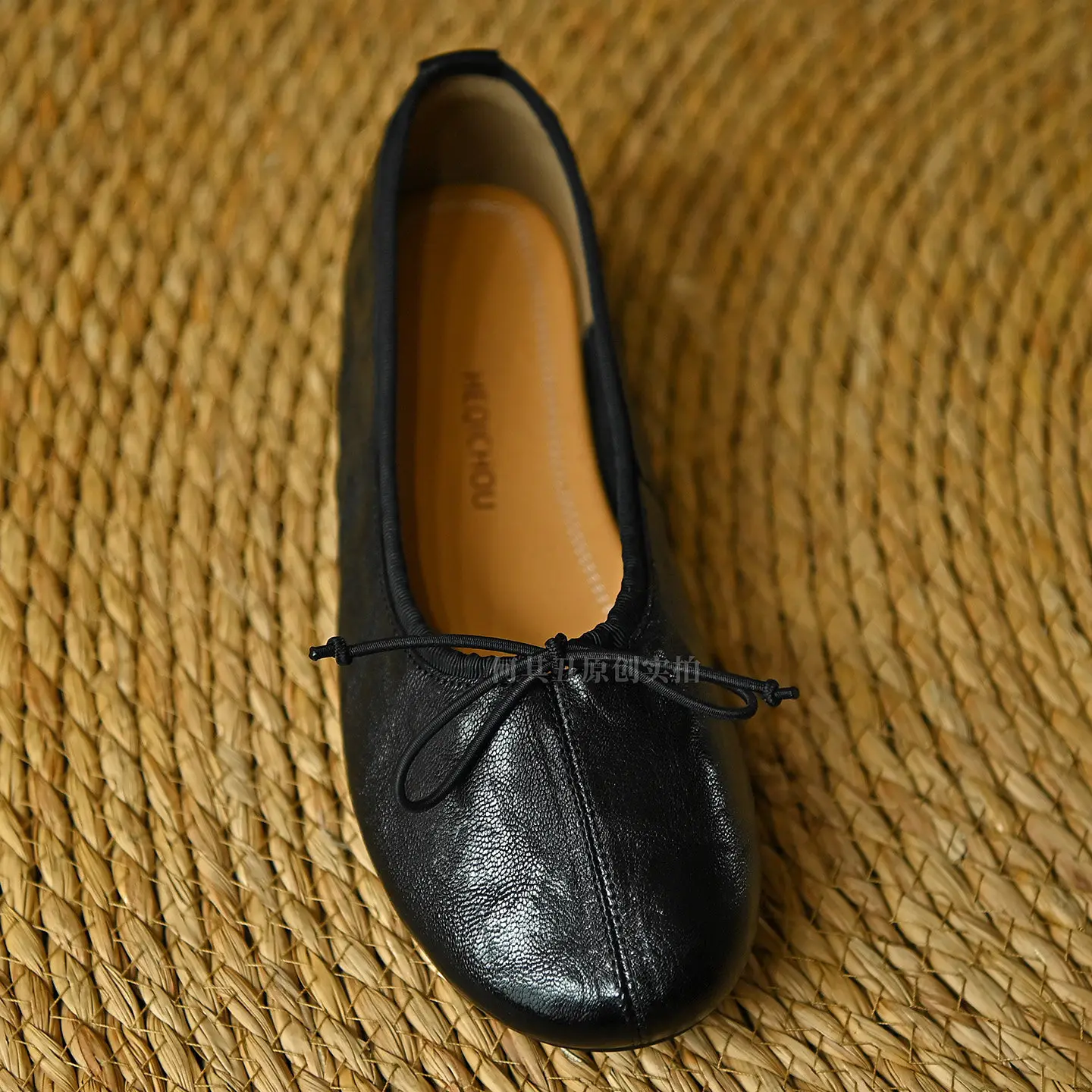Women Black Genuine Leather Ballet Flats Bow Decor Round Toe Shallow Mouth Soft Sole Retro Daily Shoes