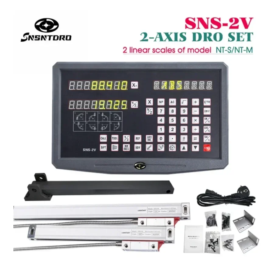 DRO Digital Readout SNS-2V 2 Axis Display AC110V/220V and 2 Pieces 0-1000mm 5/1um Linear Scale Encoder For Milling Lathe Machine 