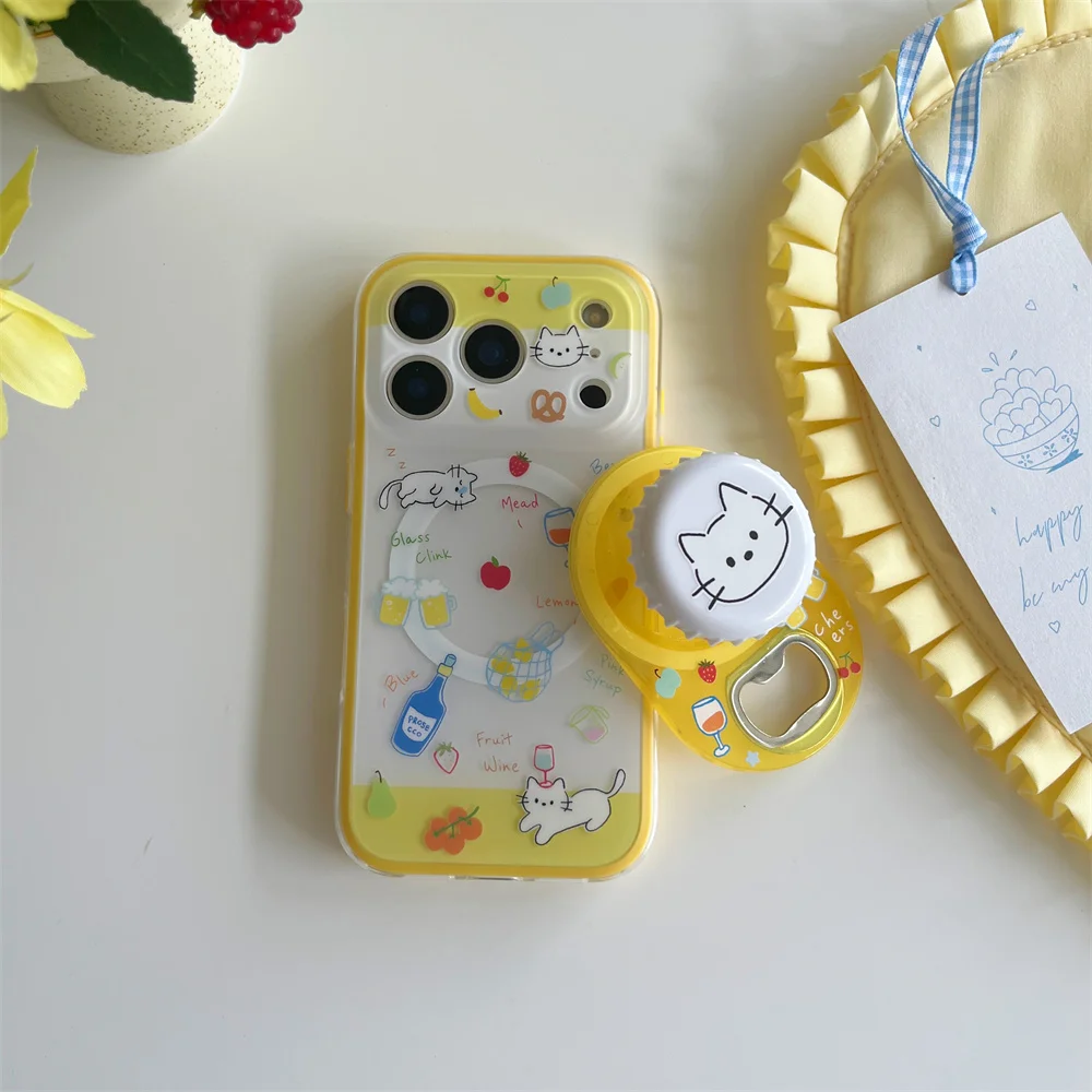 Ins Kawaii Creative Cat Phone Case For iPhone 17 Pro Max 16 15 Pro Max Magnetic Bottle Opener Grip Holder Cute Shockproof Cover