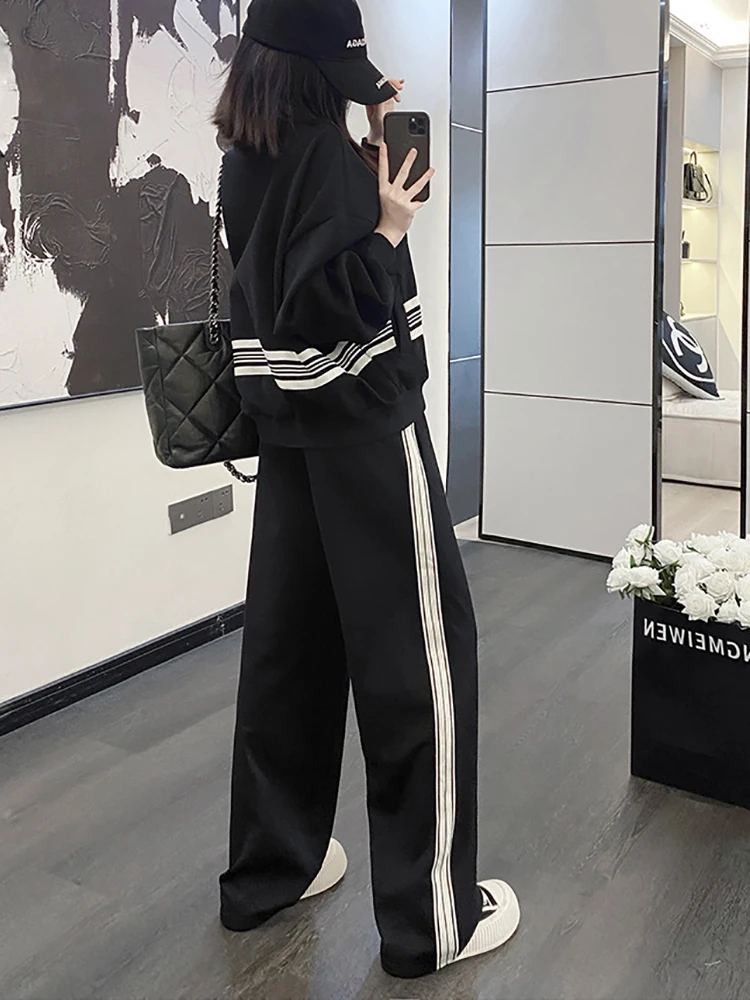 Autumn Winter Fashion Striped Jacket Pants Two Piece Set For Women Korean Zipper Coat New Casual Trousers Suit Female Tracksuit