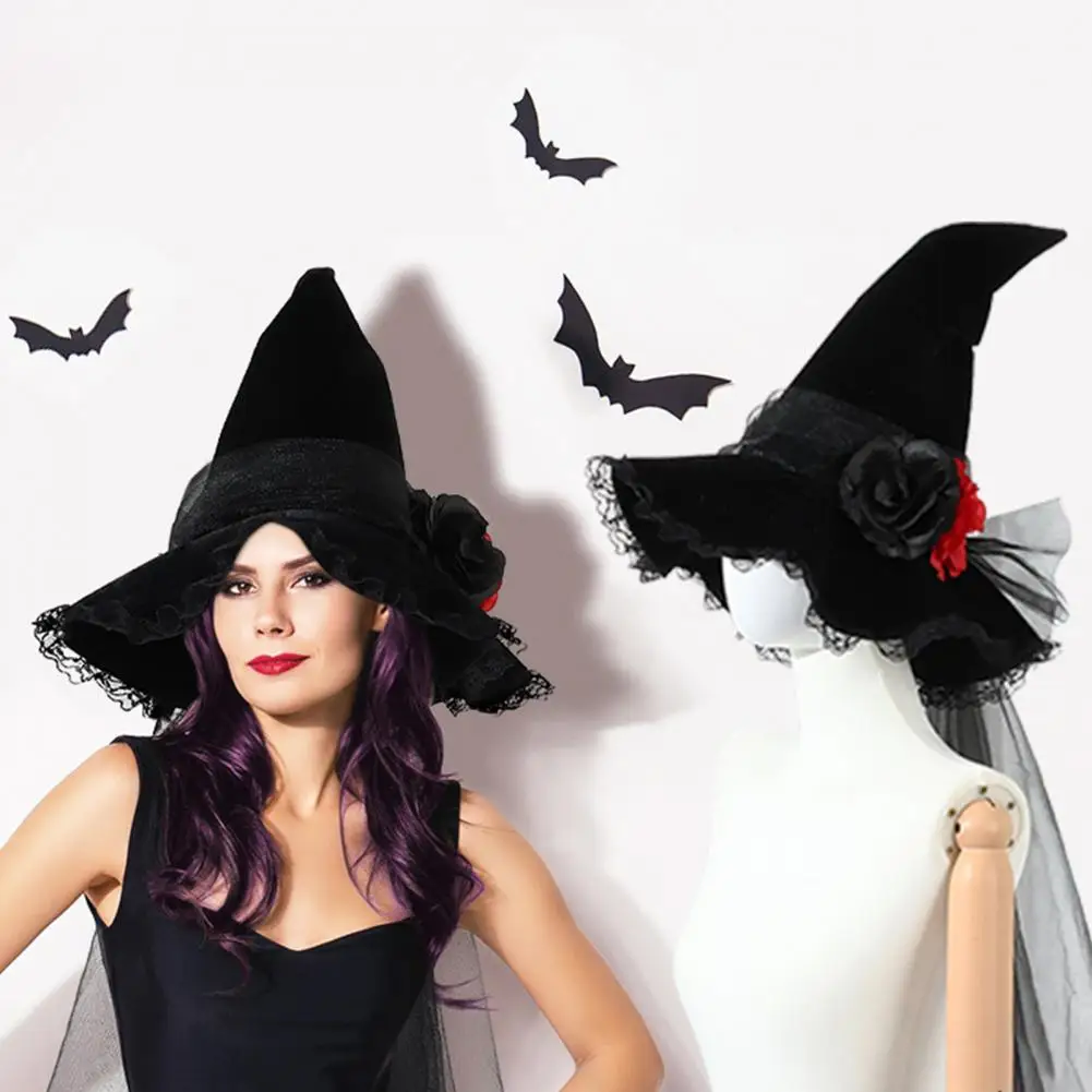 Halloween Witch Hat Gothic Dark Style Cap Mesh 3D Fake Flower Decor Ruffle Edge Pointed Cosplay Performance Witch Hat Headwear