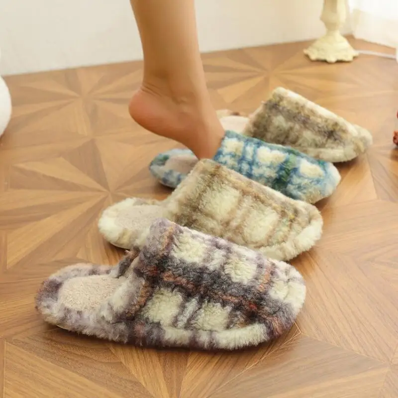 

Autumn New Arrival Plaid Fleece Slippers Anti-Slip Soft Sole Color-Block Indoor-Outdoor Versatile Moisture-Wicking Shoes