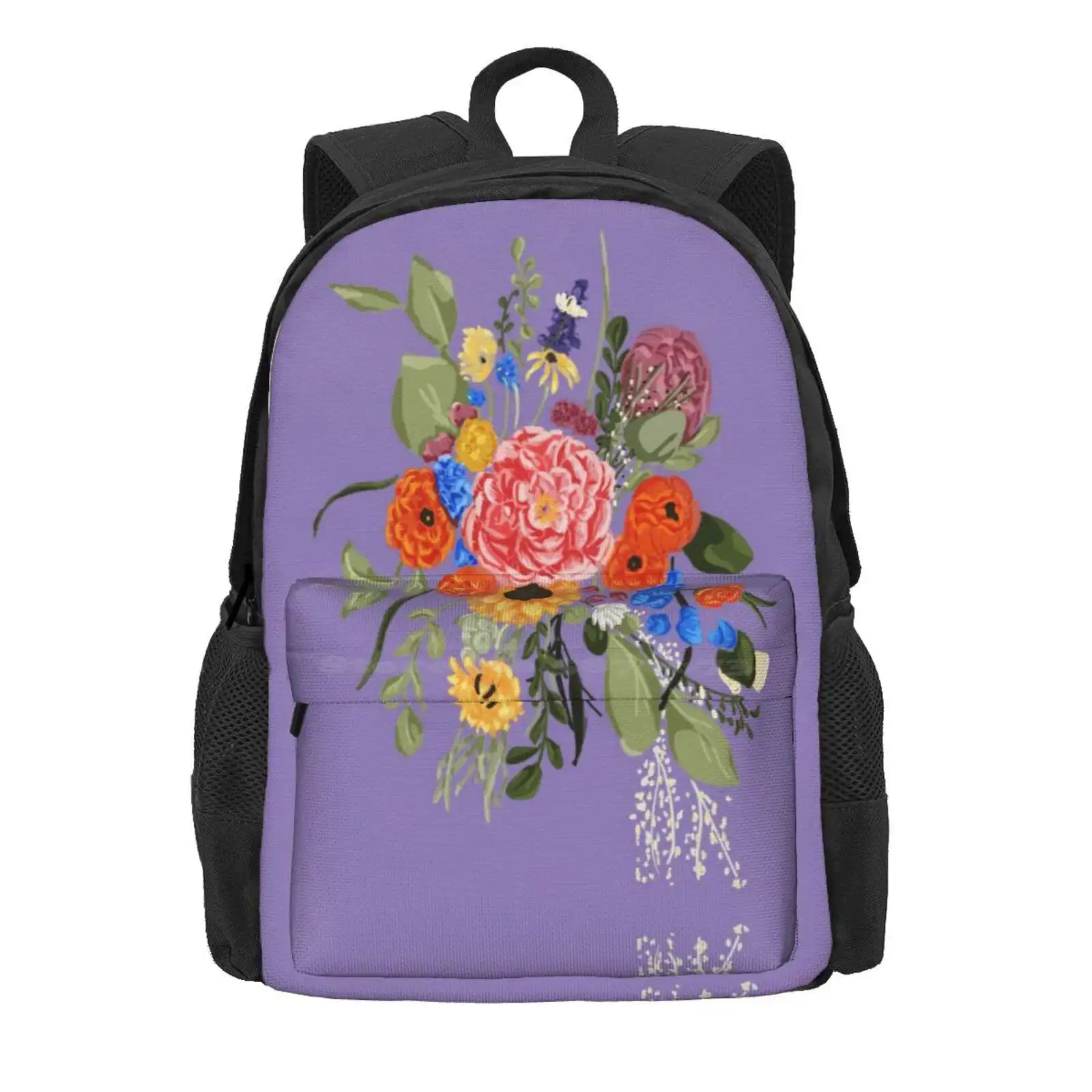 Wildflower Bouquet Hot Sale Schoolbag Backpack Fashion Bags Pink Yellow Orange Blue Green Flowers Sunflower Peony Rose Leaves