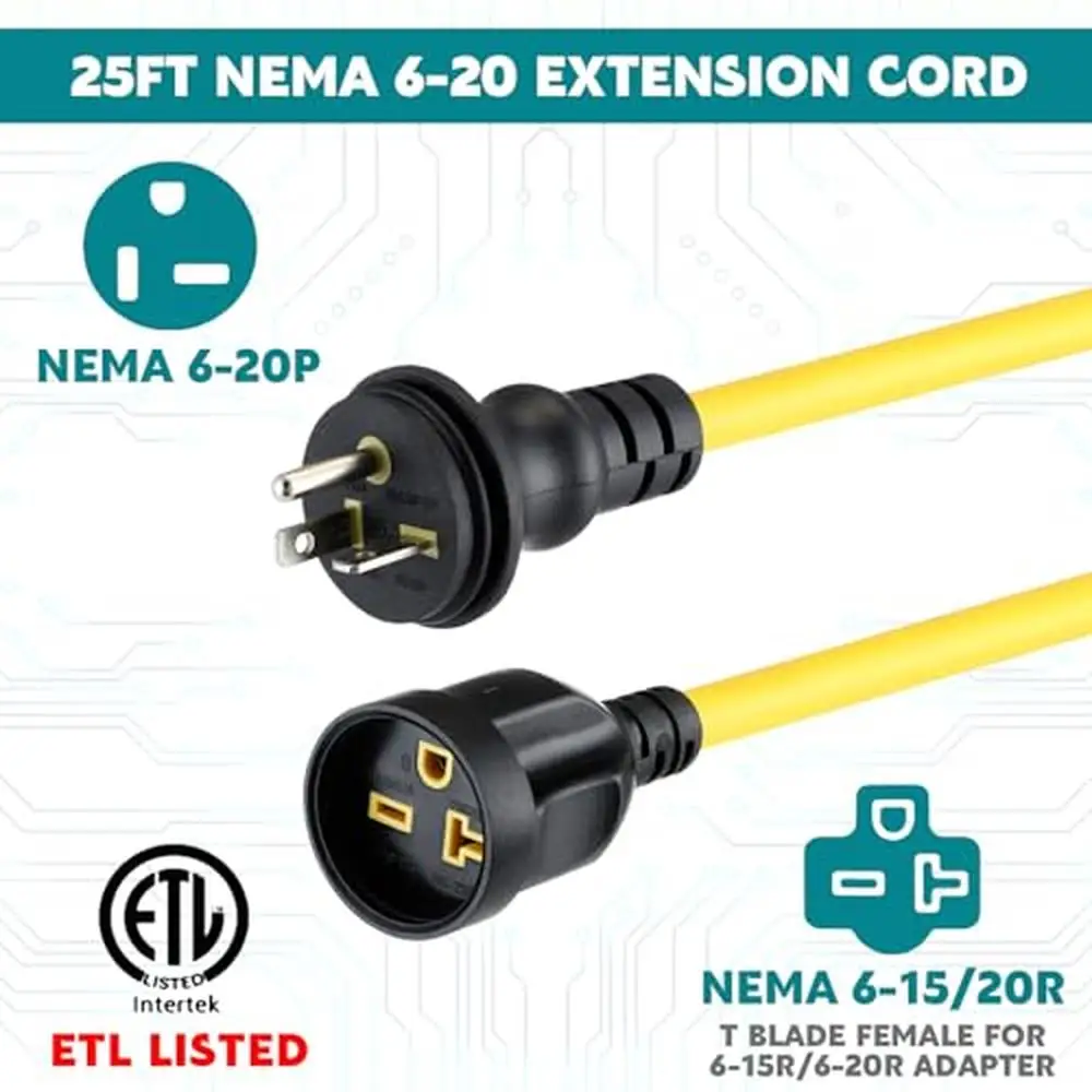 20A NEMA 6-20 Power Extension Cord T-Blade Adapter Female Receptacle 25ft Heavy Duty Plug Cable Outdoor Indoor Yellow Design