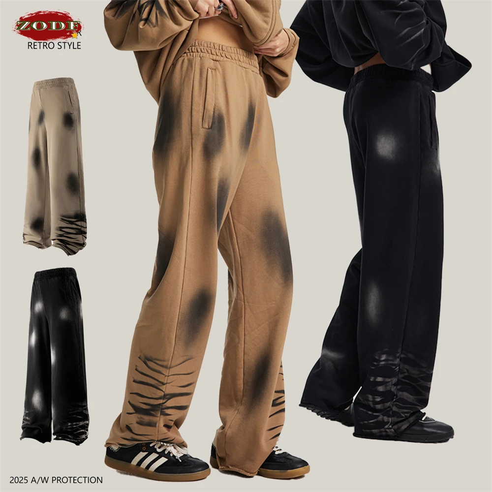 

ZODF 2025 Autumn Men 430gsm Monkey Washed Loose Pants Unisex Distressed Cotton Straight Trousers Sweatpants HY1100